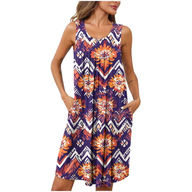 Ovzne Robes pour Femmes Robe pour Femme Femmes Imprimé avec Poches Chemises de Nuit Sans Manches Vêtements de Nuit devant Plissé Nuisette Col Rond Robe de Nuit Robe de Printemps Imprimée Liquidation