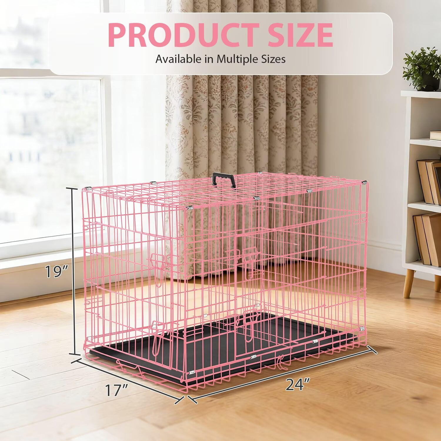 CL.HPAHKL Small Wire Dog Crate, Folding Metal Dog Kennel Double Door Dog Cage with Plastic Tray, Puppy Crate for Small Dog Indoor Outdoor Travel (Pink, 24 inch)