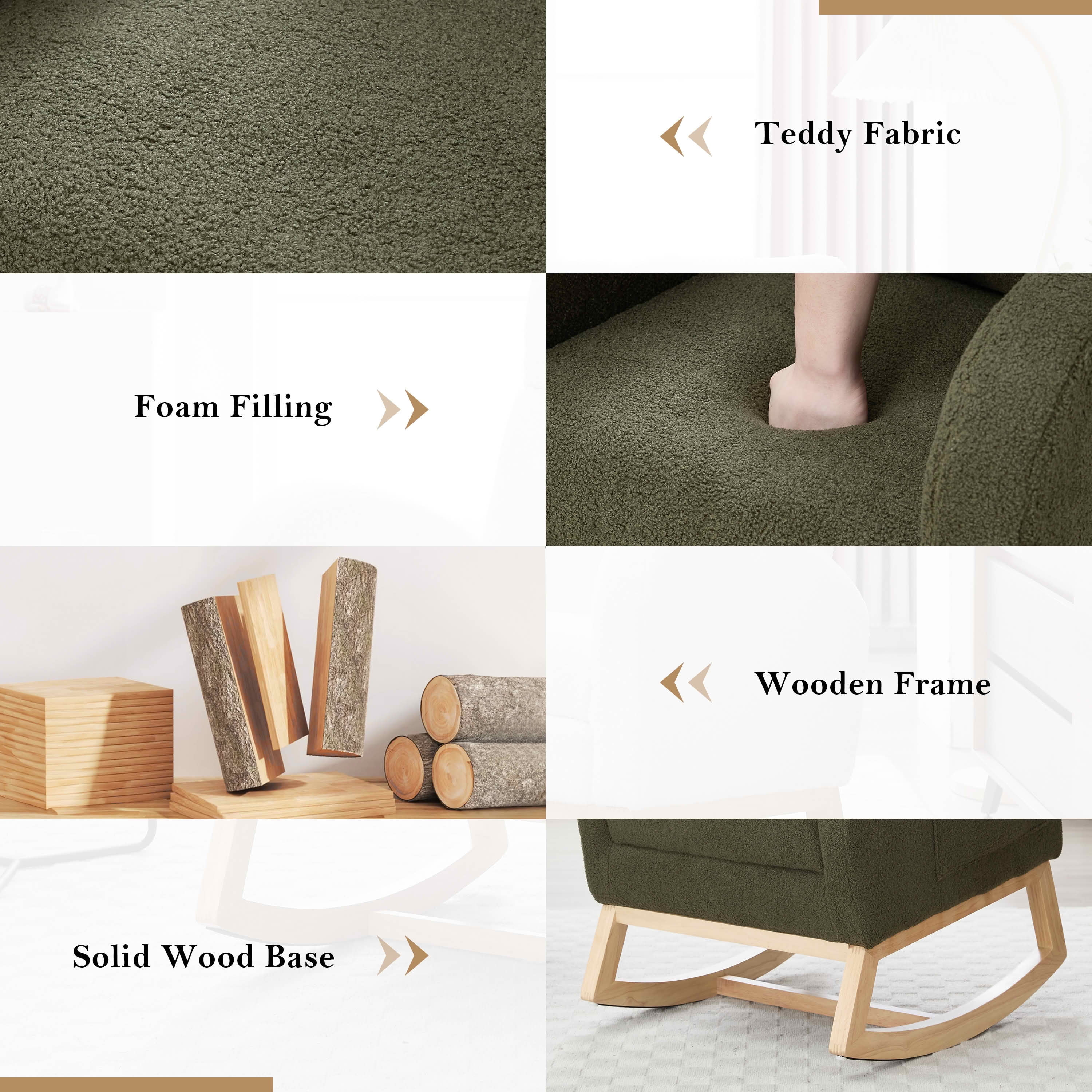 MAYEERTY Teddy Fabric Leisure Rocking Chair, Nursery Chair with Adjustable Footstool, Thickened Headrest, High Backrest & Right-Side Storage Pocket, Solid Wood Base Rocker, Green