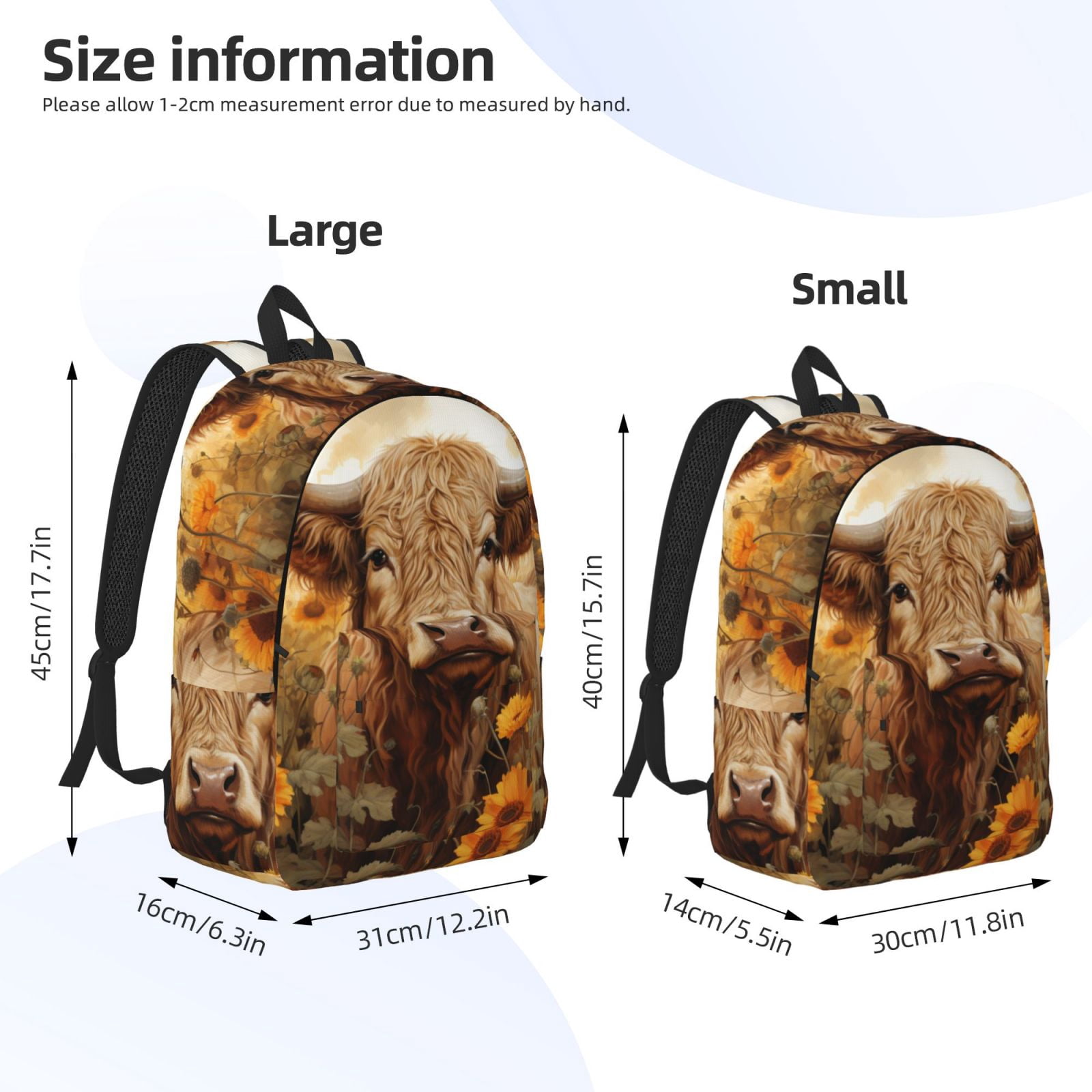 Picia Vintage Sunflower Cow Printed Canvas Daypack - Stylish and Durable Vintage Compact Backpack - Class, Work, Travel, or Laptop Bookbag,Organized Compartments-Small