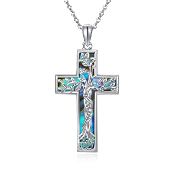 Coachuhhar Collier Croix en Argent Sterling 925 Collier Arbre de Vie avec Pendentif Coquille d'Ormeau Croix Bijoux Cadeaux pour Femmes Hommes Filles
