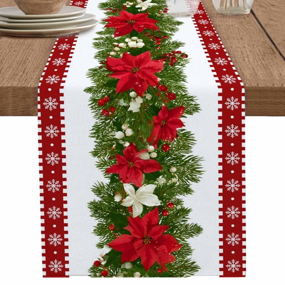nqOlkjepod Christmas Poinsettia Table Runner 120 Inches Long Farmhouse Dress Scarves, Snowflake Xmas Red Green Botanical Dining Tablerunner for Coffee Table/Kitchen Island/Party Décor, 13" x 120"
