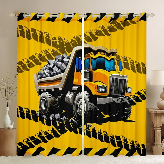 Feelyou Tractor Machinery Truck Black Out Curtains, Yellow Construction Vehicle Curtains Pack of 2 (42x63 Each), Teens Boys Girls Bedroom Curtains, Curtains and Drapes Home Decor