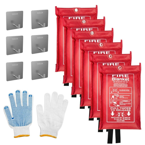 Rocyis Emergency Fire Blanket (6 Pack, 40 in X 40 in)   6 Hooks & 1 Gloves, Fiberglass Fireproof, Prepared Fire Suppression Blanket for Home and Kitchen, Camping, Grill, Car, Warehouse