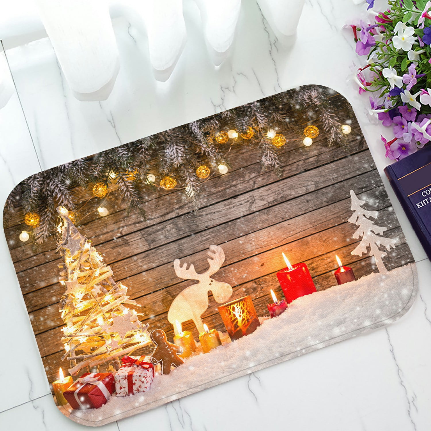 ABPHQTO Christmas Decoration On Wooden Doormat Entrance Rug Area Rug