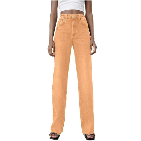 LLYwey Woman Linen Pants Spring and Summer Women's Button Solid Fashion Casual Straight Jeans Pants Cropped Pants Female Long Pant Style H1602 Yellow M
