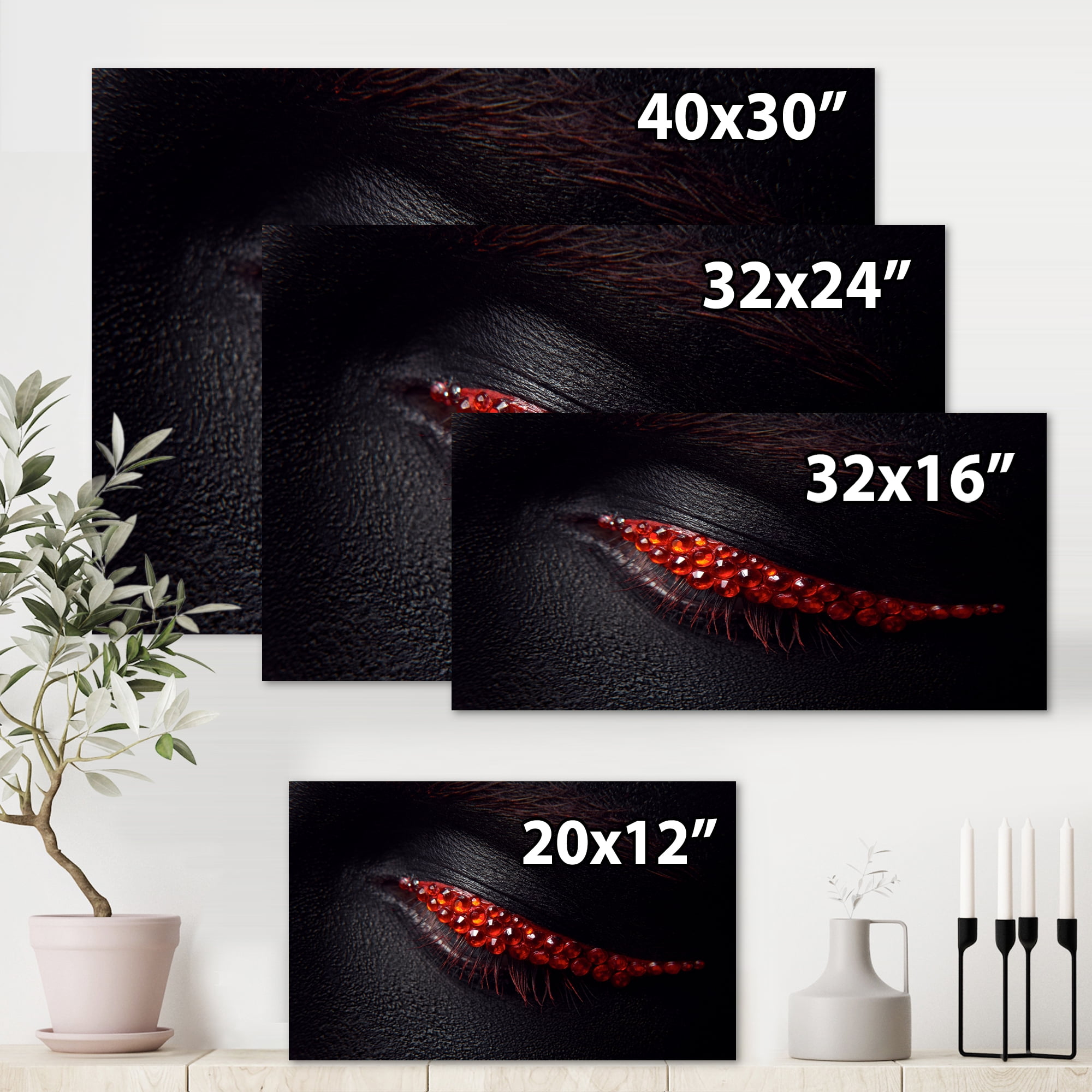 Designart ' Beautiful Black Skin Female Eye With Red Diamonds ' Modern Canvas Wall Art Print