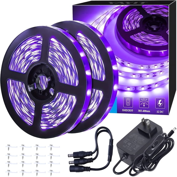 32.8ft LED Black Light Strip Kit, 600 Units, 12V Flexible Blacklight Fixtures, 10m LED Ribbon for Indoor Home Bedroom Decoration Fluorescent Dance Party