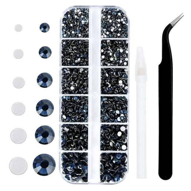 4240 diamantes de imitación negros brillantes con parte trasera plana, 6 tamaños, para uñas, manualidades, ropa y zapatos. Incluye pinzas y bolígrafo.