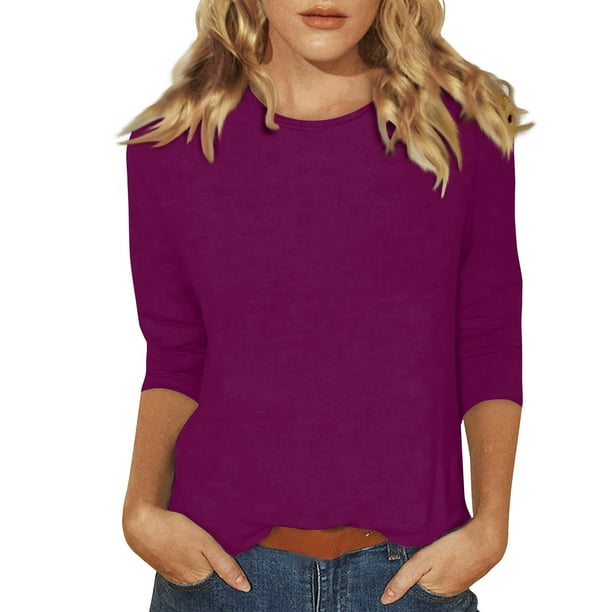 moda femenina diaria versátil casual cuello redondo manga tres cuartos estampado top morado oscuro/s