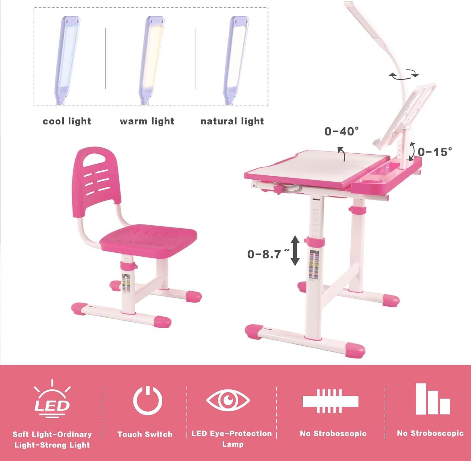 Kids Furniture Desk for Kids Desk and Chair Set Kids Art Desk Drafting Table Desk Set with Adjustable Height, 40-Degree Tiltable Children Desktop, LED Light,Bookstand,Blue,Baby Nursery Furniture