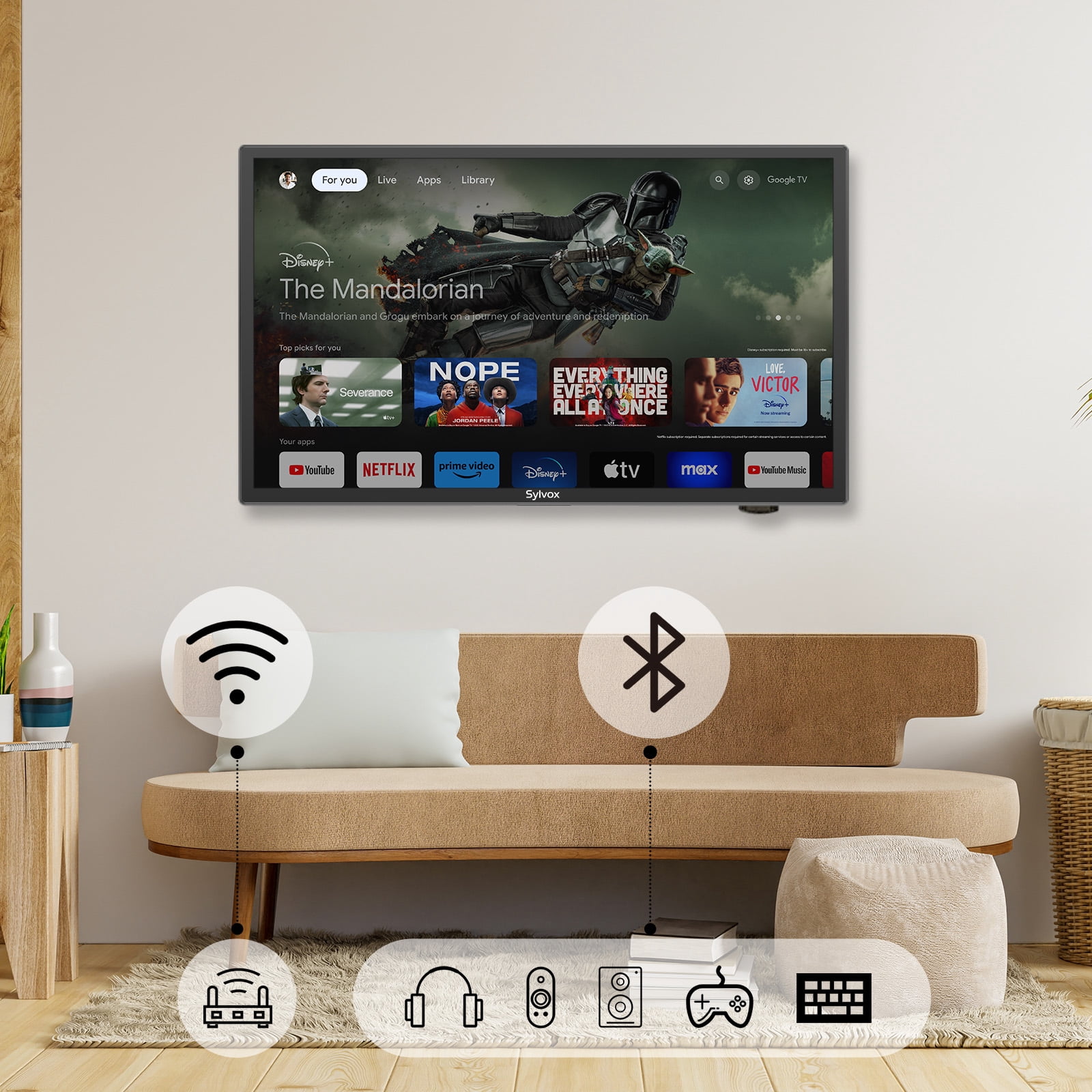 SYLVOX 24" Smart RV TV with Wall Mount, 12 Volt TV 1080P Google TV ATSC NTSC WiFi Bluetooth HDMI USB, AC/DC Powered, for RV Camper Van (Vehicle Series)