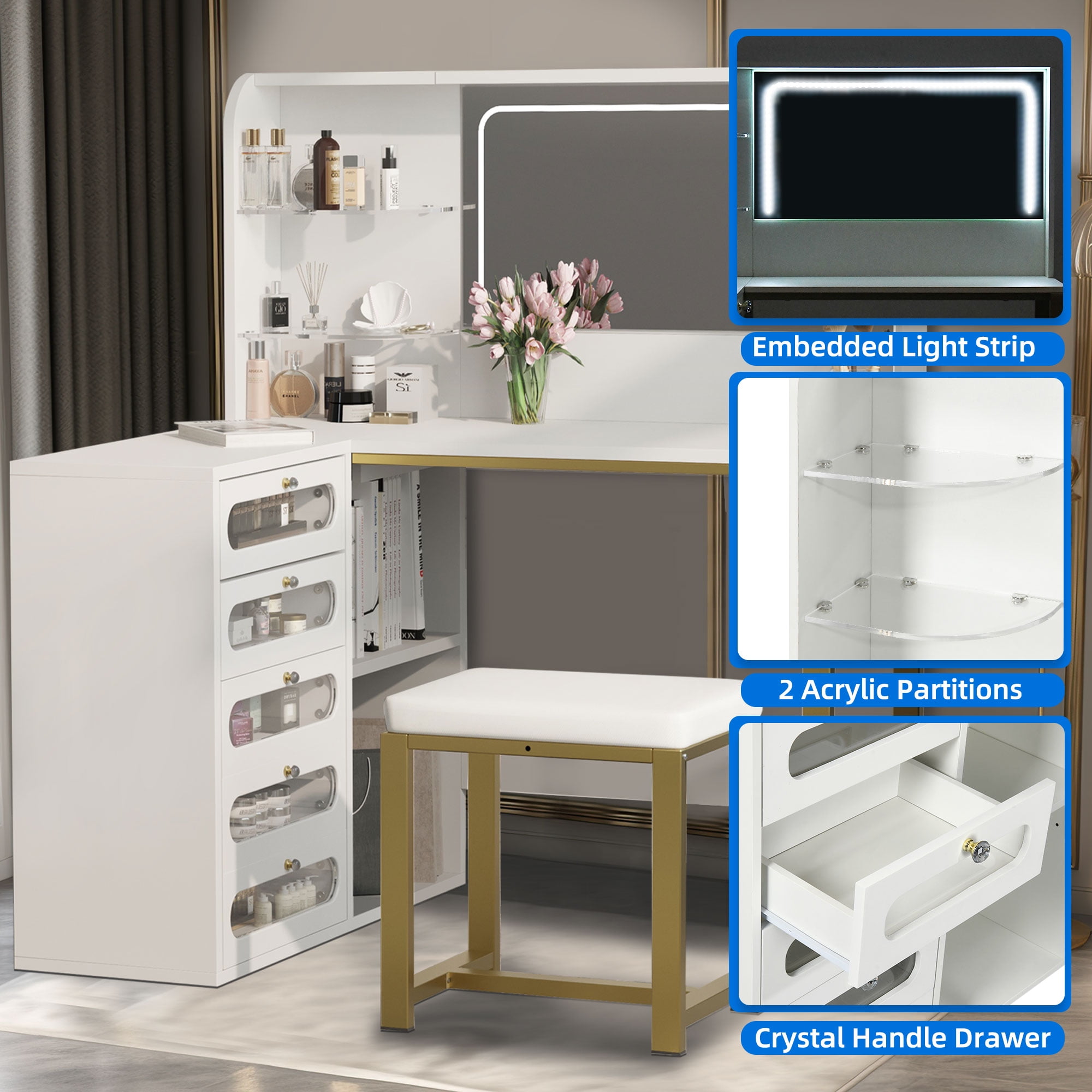 Dextrus Vanity Table Set with Mirror and LED Light, L Shaped Modern Makeup Vanity Dressing Table, 5 Visualized Drawers and Storage Shelves for Bedroom, Gold Corner Vanity Desk for Women Girls,White