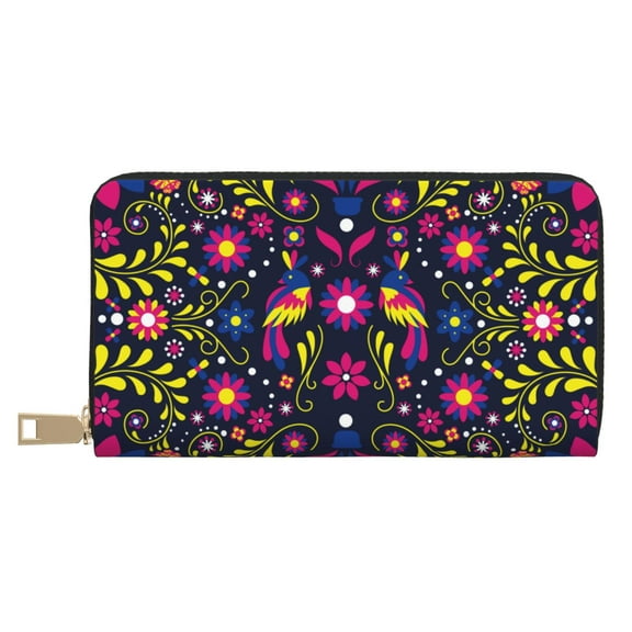 Leather Thin Slim Wallets for Women Men - Colorful Mexican Clutch Card Wallet for Women Men with Zipper