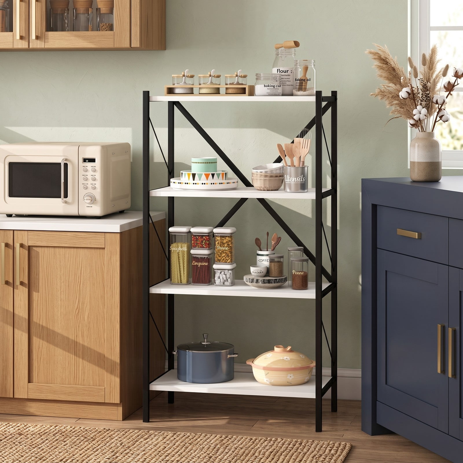 Furnibear 4-Tier Bookshelf with Heavy-Duty Metal Frame, X-Braced Freestanding Storage Bookcase Organizer Plant Stand for Living Room Bedroom Home Office, White