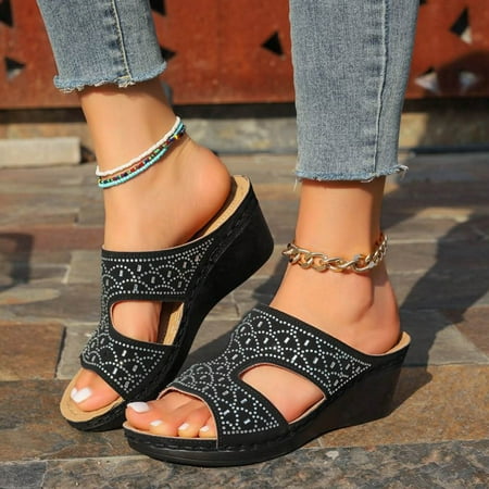 

YOUSNH Women s Wedge Sandals with Rhinestones Fashionable Women s Sandals Womens Sandals Black 7(38)