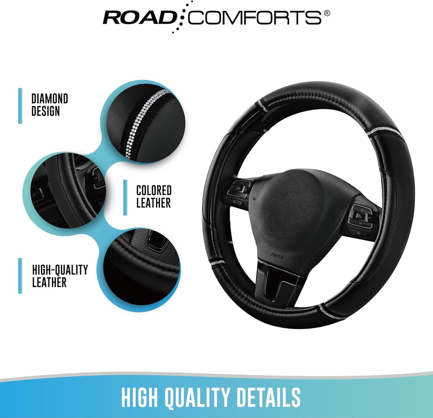 Leather Steering Wheel Cover - Made with PVC Leather - Anti-Slip, Universal Fit 14 1/2 inches to 15 inches - Black