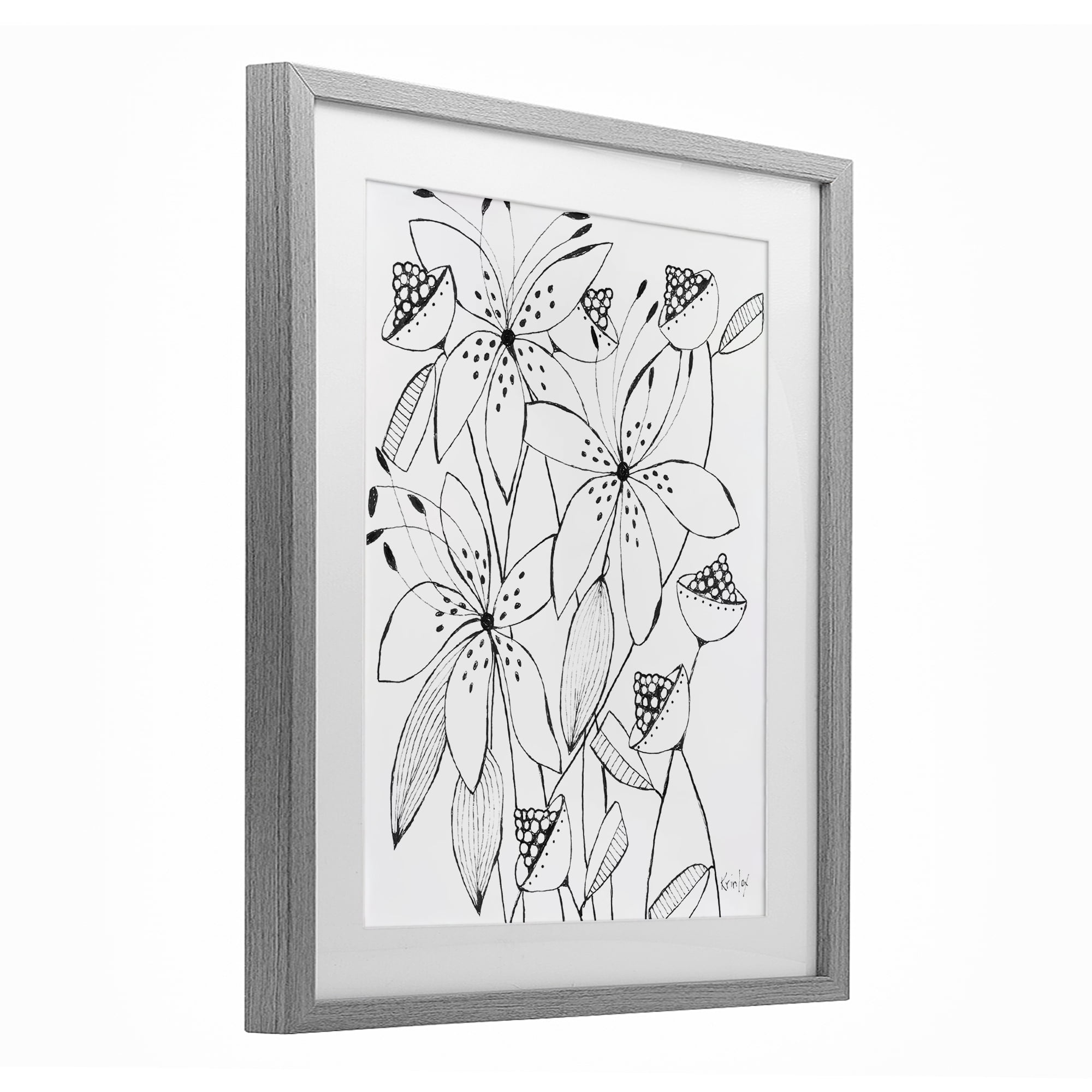 Stupell Industries Open Blooms Outline Gray Framed Print Under Glass, design by Krinlox