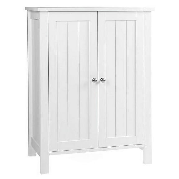 Bathroom Floor Storage Cabinet With Double Door Adjustable Shelf, White