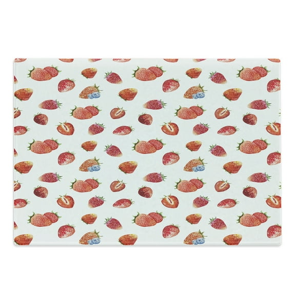 Watercolor Cutting Board, Pattern Ripe Strawberries Blueberries Tasty Fresh Fruits, Decorative Tempered Glass Cutting and Serving Board, Large Size, Slate Blue Vermilion, by Ambesonne