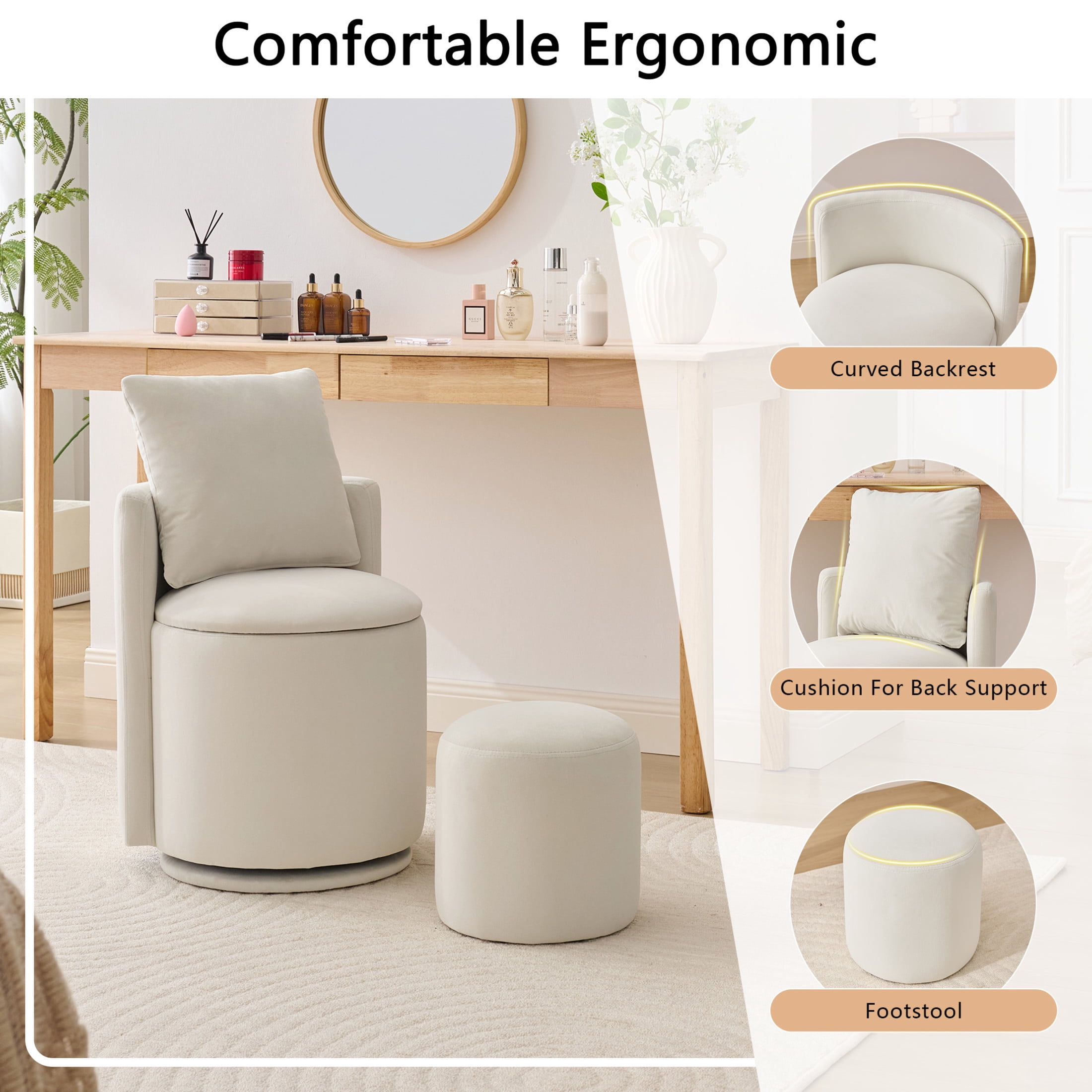 Noble House Velvet Swivel Accent Chair with Ottoman & Toss Pillow, Storage Barrel Chair, Beige