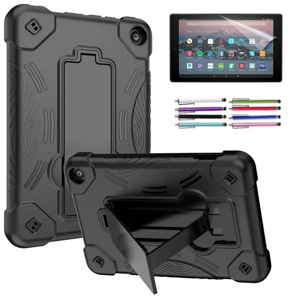 EpicGadget Case for Amazon Fire 7 Tablet (12th Generation, 2022 Released) - Heavy Duty Protective Hybrid Case Cover with Kickstand + 1 Screen Protector and 1 Stylus (Black/Black)