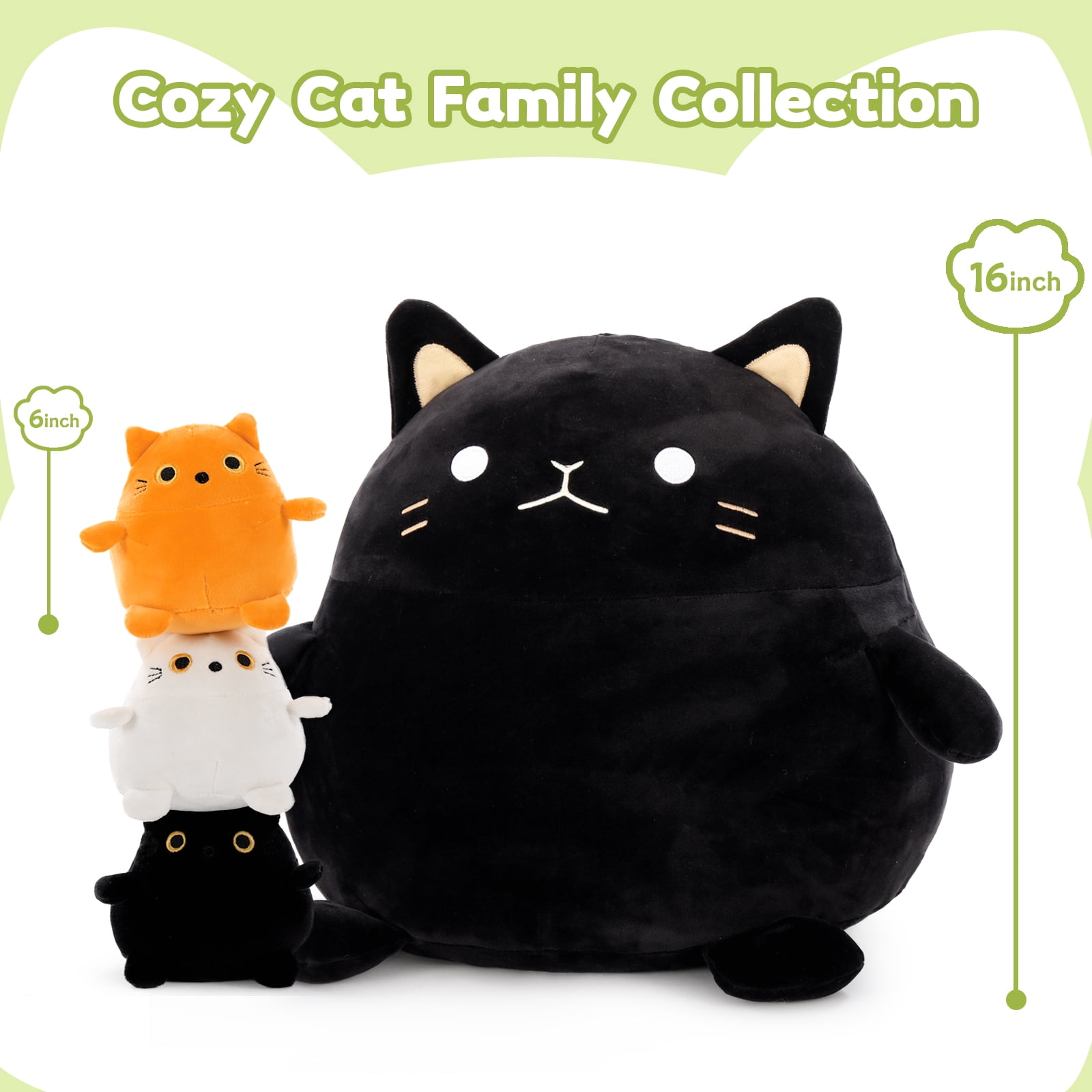 MorisMos 16" Black Fat Cat Stuffed Animal Mommy Cat with 3 Kitty Plush Toys
