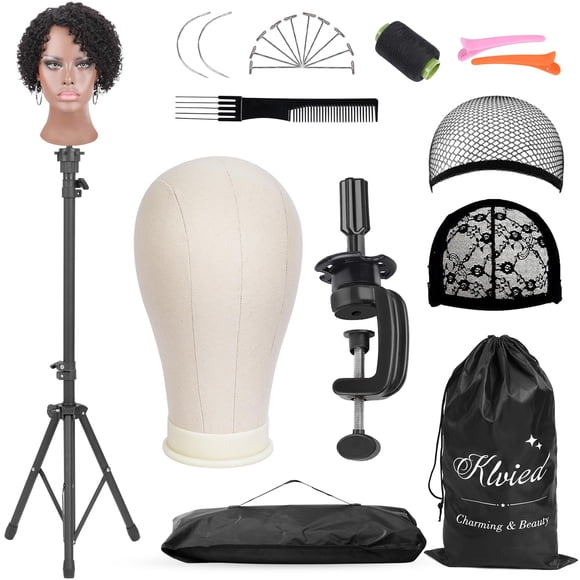 Klvied Reinforced Wig Mannequin Stand with Head, Dual-use 22 Inch Canvas Wig Head Display, Adjustable Clamp Wig Holder, Manikin Head Set for Cosmetology Hairdressing Tra