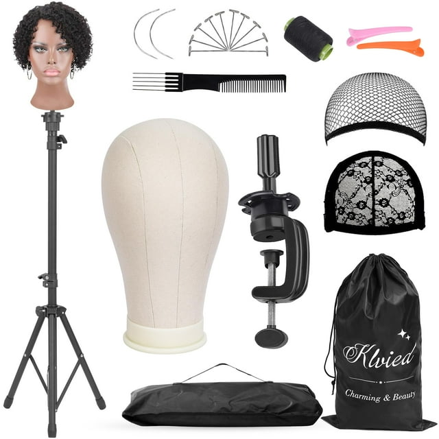 Klvied Support de Mannequin de Perruque Renforcé avec Tête, Double Usage 22 Pouces Présentoir de Tête de Perruque en Toile, Pince Réglable Support de Perruque, Ensemble de Tête de Manukin pour Cosmétologie Coiffure