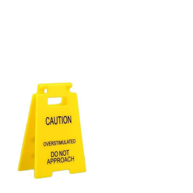 Letrero de escritorio de oficina con precaución sobreestimulado, impreso en 3D, amarillo