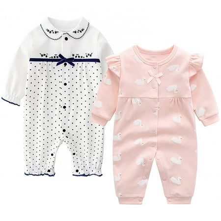 

Curipeer 2 Pack Infant Baby Girls Ruffle Long Sleeve Romper Cartoon Print Newborn Baby Jumpsuits
