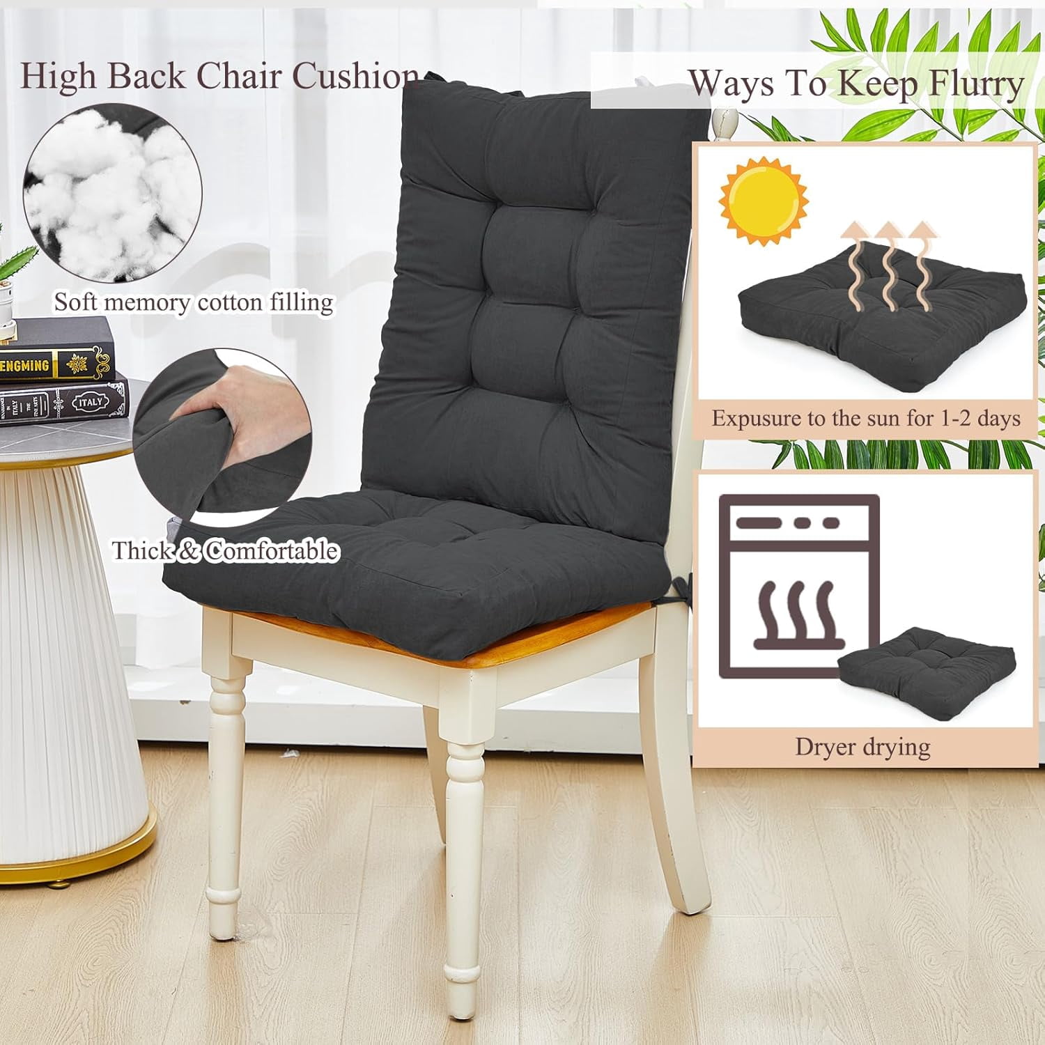 4 Sets Outdoor Patio Chair Cushions Seat High Back Tufted Pillow Replacement Rocking Chair Cushions Pads for Patio Summer Seasonal Indoor Home Office (Dark Gray)