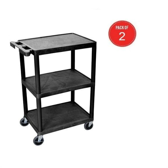 Luxor HE34-B 3 Shelves Multipurpose Storage Structural Foam Plastic Service Utility Cart - Black (pack of 2)