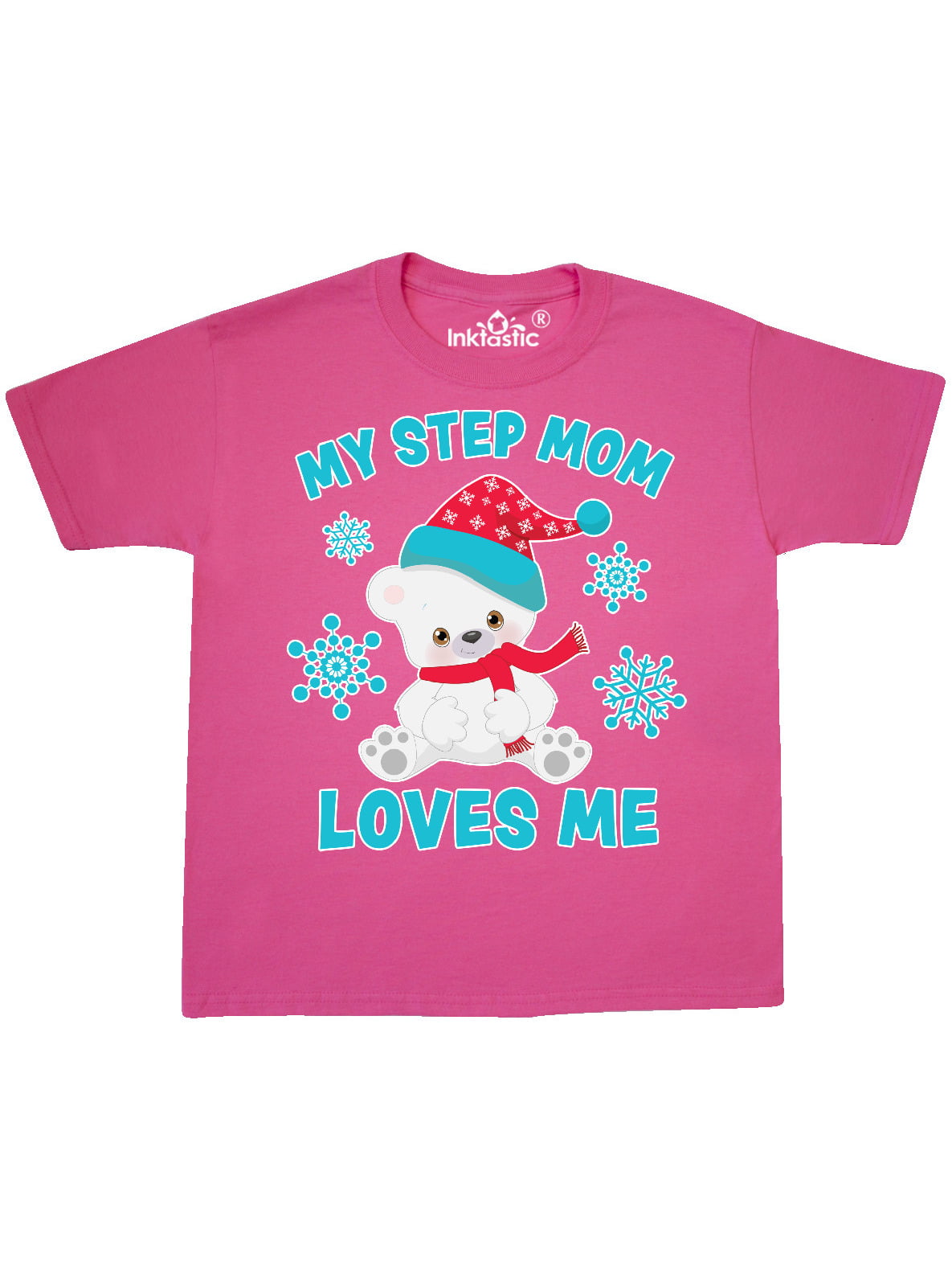 Inktastic Polar Bear My Step Mom Loves Me In Santa Hat With Snowflakes Youth T Shirt