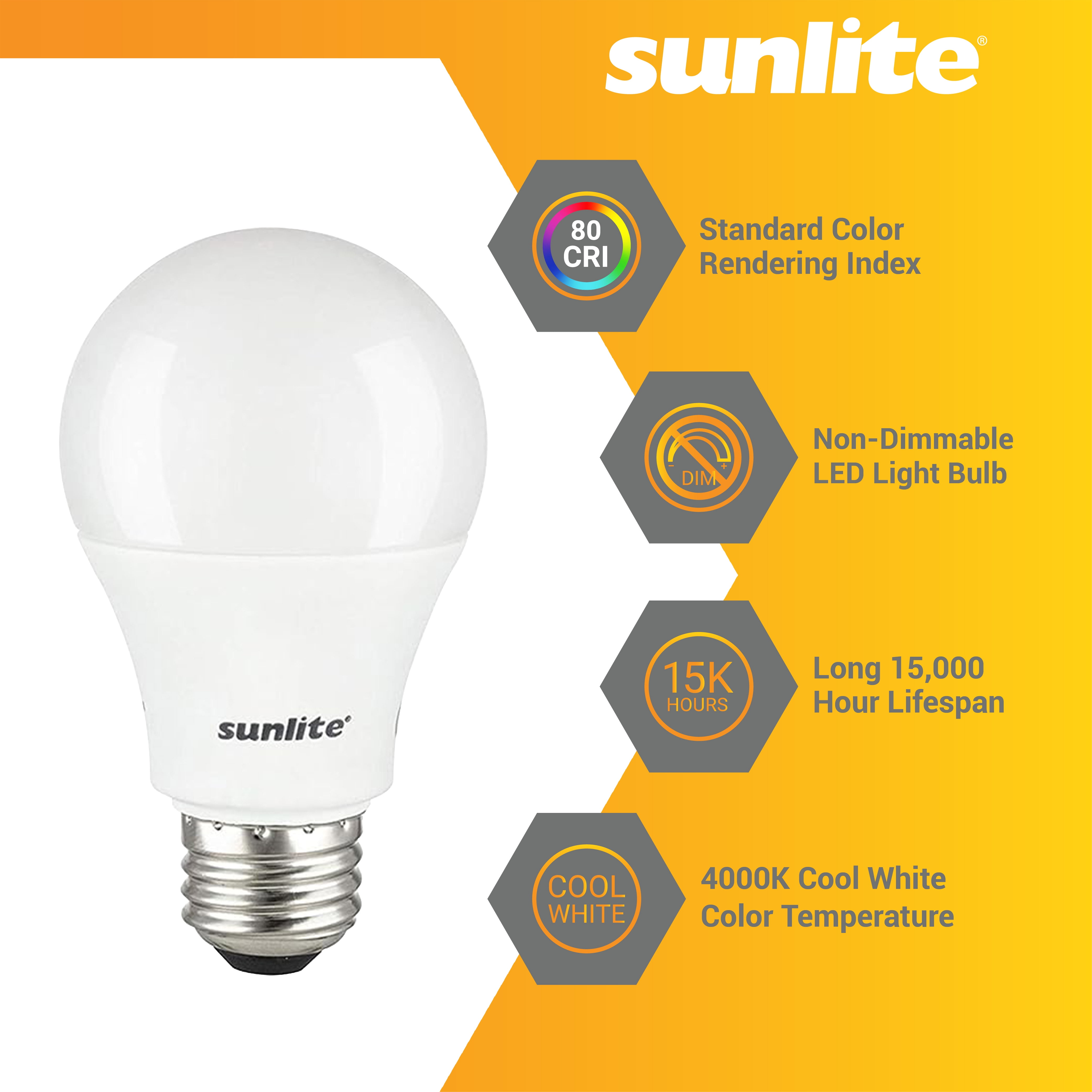 Sunlite LED A19 Light Bulbs, 15 Watts (100W Equivalent), 120V, 1500 Lumens, Standard E26 Base, Non-Dimmable, 220 Degree Beam Angle, ETL Listed, 4000K Cool White, 6 Pack