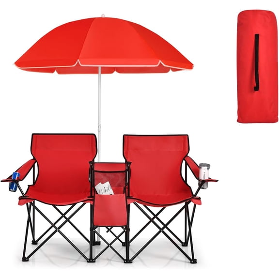 ThemisDouble Camping Chair, 2-Person Portable Beach Chair w/Removable Umbrella, Cup Holders & Carrying Bag, Folding Loveseat Chairs for Adults Outdoor Picnic (Red)