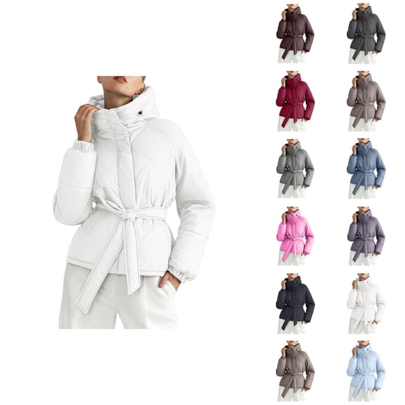 Winter Parka for Women Long Sleeve Thicken Zip Up Belted Hooded Outerwear with Pockets