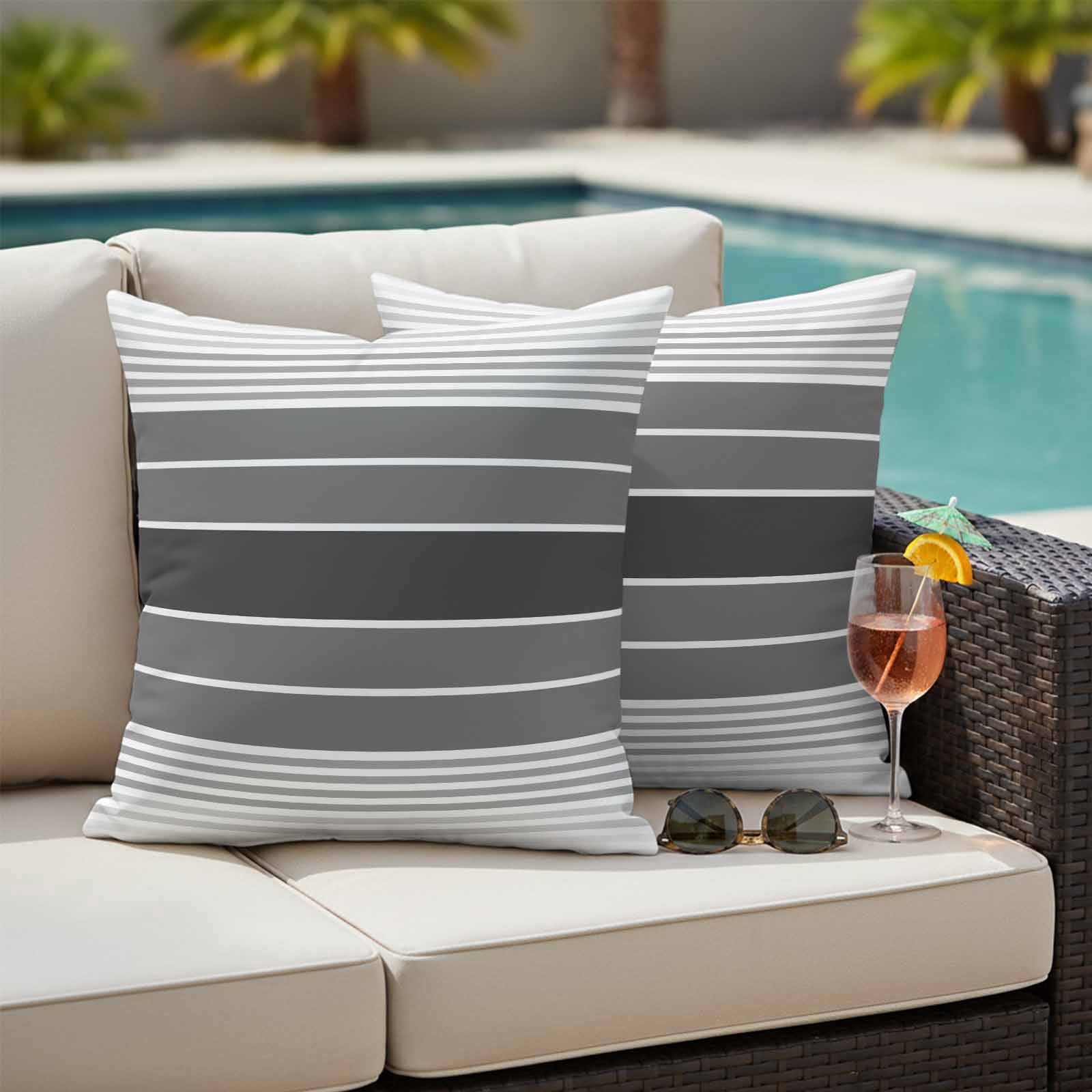 Gradient Grey Striped Outdoor Waterproof Pillow Covers, Simple Farm Stripes Minimalist Decorative Square Throw Pillowcase Sofa Cushion Sham for Patio/Couch/Chair, 26"x26" 2 Pack