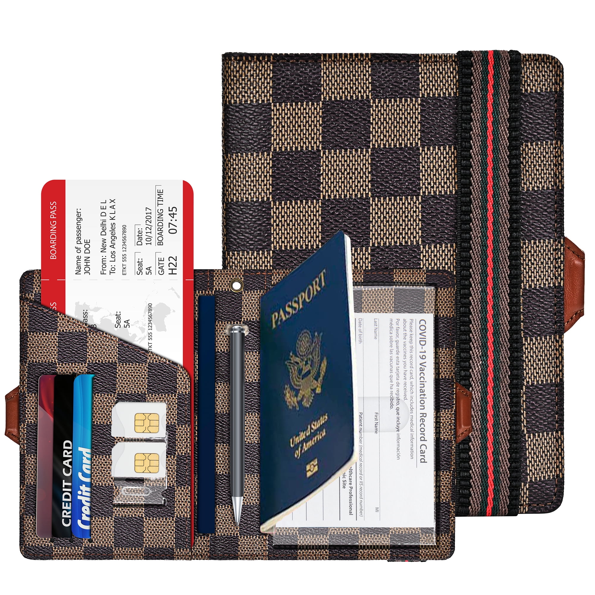 Checkered Passport Holder Cover Wallet for Women Men with Vaccine