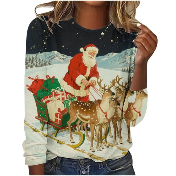 Lopecy-Sta Women's Christmas Santa & Reindeer Print Long Sleeve T-Shirt, Casual Crew Neck Cotton Top, Festive Holiday Pullover for Women Black L
