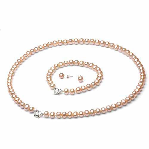 10-11mm Pink Freshwater Pearl Heart-Shape Sterling Silver Necklace (18"), Bracelet (7") Set with Bonus Pearl... by Jacqueline's Collection