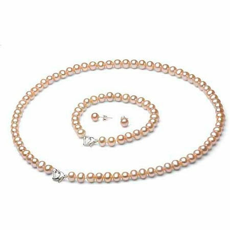 10-11mm Pink Freshwater Pearl Heart-Shape Sterling Silver Necklace (18), Bracelet (7) Set with Bonus Pearl Stud Earrings