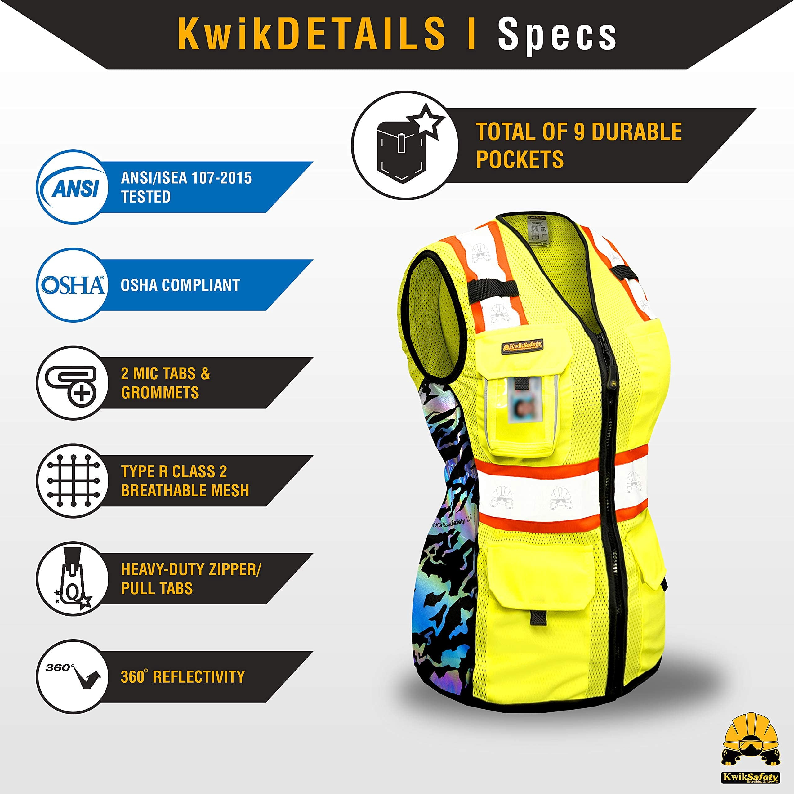 KwikSafety (Charlotte, NC) TIGER QUEEN Safety Vest for Women (IRIDESCENT Design) 9 Pockets Premium Class 2 Custom High Visibility ANSI OSHA Reflective Construction with Zipper | Yellow Small