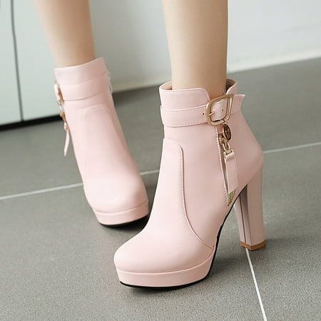 

QISIWOLE Fashion Women Waterproof Platform Round Head High Heels Zipper Ankle Boots Sales