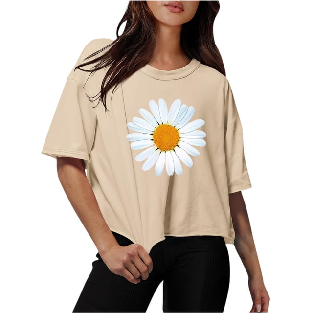 Blouses pour Femmes Épaules Tombantes Col Rond Hauts Courts Surdimensionnés Hauts d'Entraînement T-Shirts