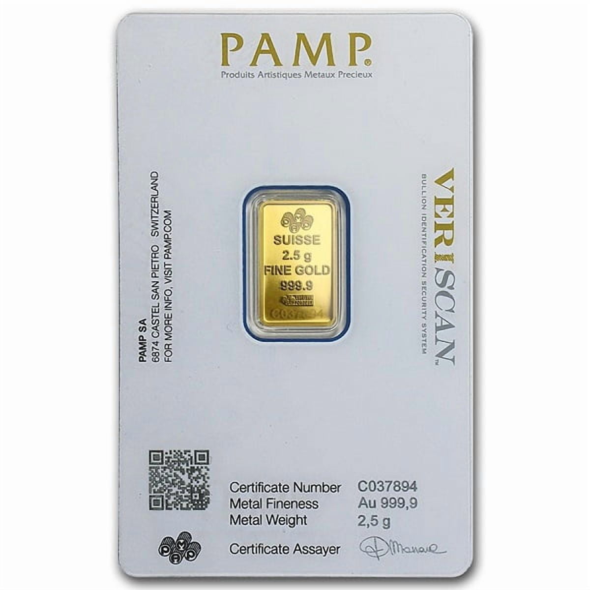 2.5 gram Gold Bar PAMP Suisse Lady Fortuna Veriscan In Assay