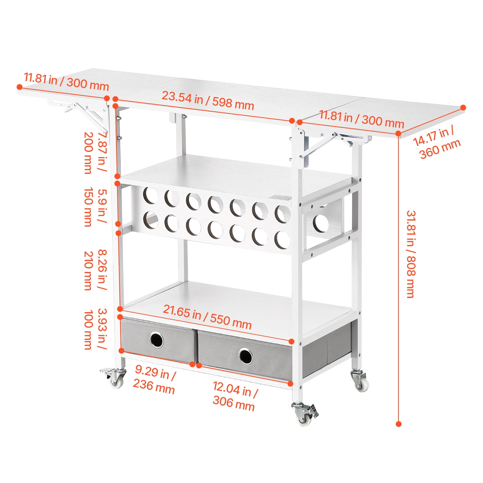 VEVOR Rolling Craft Cart and Storage Table, Compatible with Cricut Machines, Collapsible Cricut Table with Foldable Sides, Craft Rolling Storage Organizer with 14 Vinyl Roll Holders and 2 Drawers