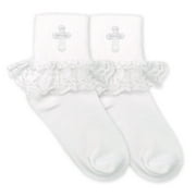 Jefferies Socks Girls Socks, 1 Pair First Holy Communion Lace Trim Cross Turn Cuff Socks (Little Girls & Big Girls)