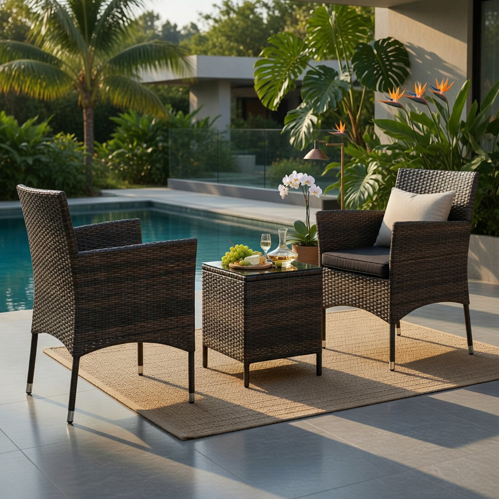Hommoo 3-Piece Outdoor Wicker Conversation Set, Metal Frame, Tempered Glass Coffee Table & Ergonomic Rattan Chairs for Patio, Backyard, Poolside, Black