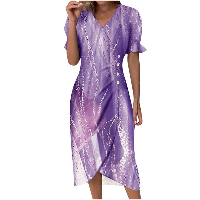 Robes à Manches Courtes pour Femmes Robe pour Femmes Été Imprimé Floral Ourlet Irrégulier Robe Col en V Manches Courtes Robes à Boutons Robes Courtes d'Été pour Femmes Robes Courtes pour Femmes Été